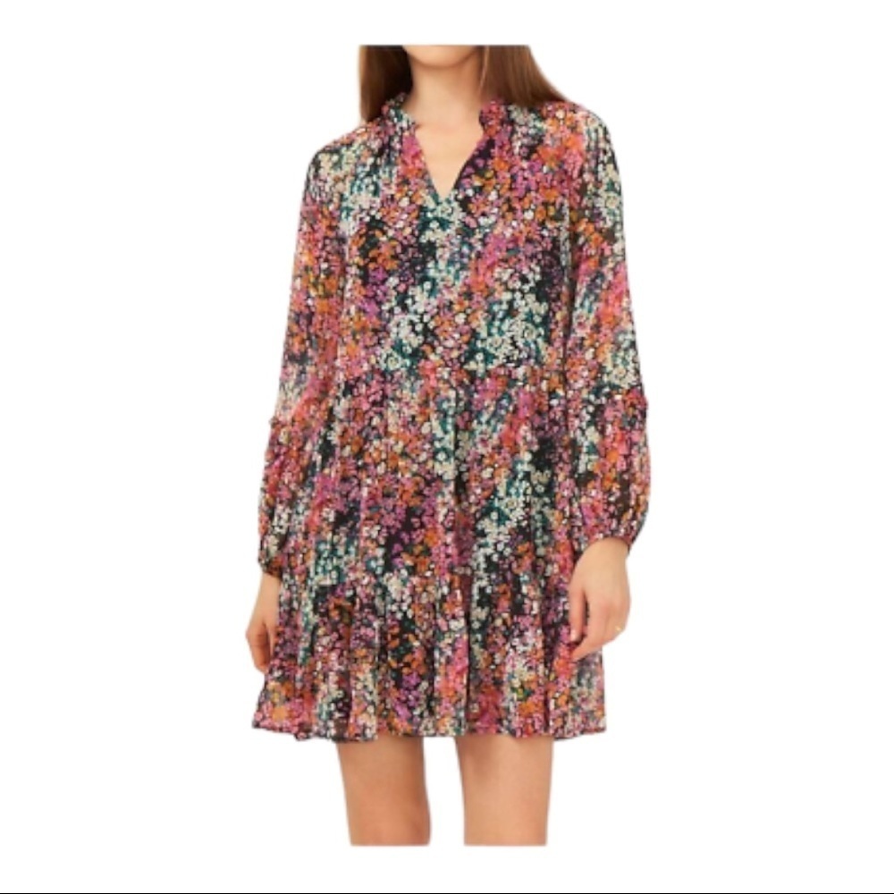 NWT Vince Camuto Ruffle Tiered Dress XS Multi Floral Split Neck Peasant Sleeves